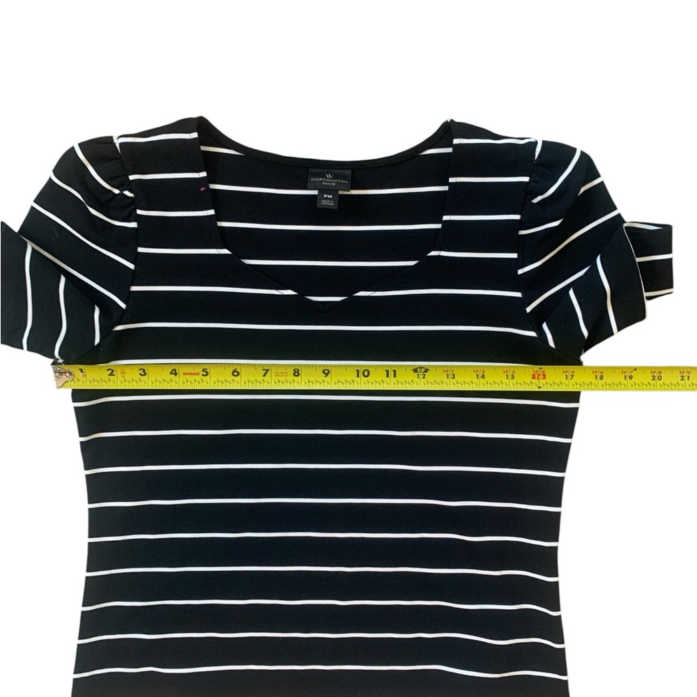 Worthington Petite Black White Striped Sweetheart Neck Puff Sleeve Top PM - Picture 7 of 8